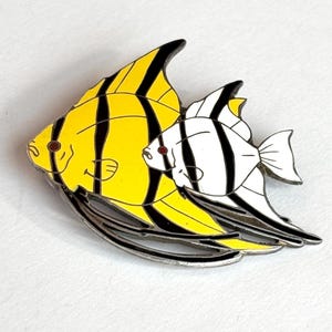 Vintage Sterling Silver Enamel Angelfish Brooch Yellow White & Black Enameled 925 Tropical Fish Pin Antique Estate Jewelry Gift for Her