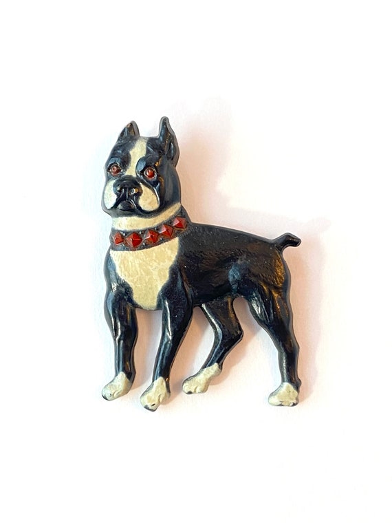 Vintage Boston Terrier Enamel Dog Brooch 1930s Art