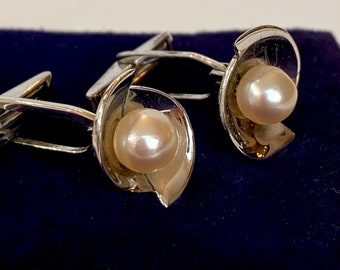 Vintage Sakata Cultured Pearls Cuff Links Silver Mid Century Japan 8mm Pearl Cufflinks w Box 1950s Groom Wedding Antique Estate Jewelry Gift