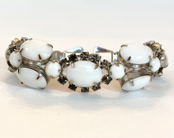 Vintage Rhinestone Bracelet Mid Century Chunky White & Gray Large Stones Retro 1960s Wedding Bridal Antique Estate Jewelry Gift for Her