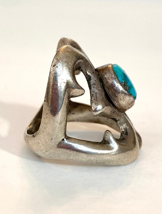 Vintage NAVAJO Turquoise Ring Sand Cast Sterling … - image 2