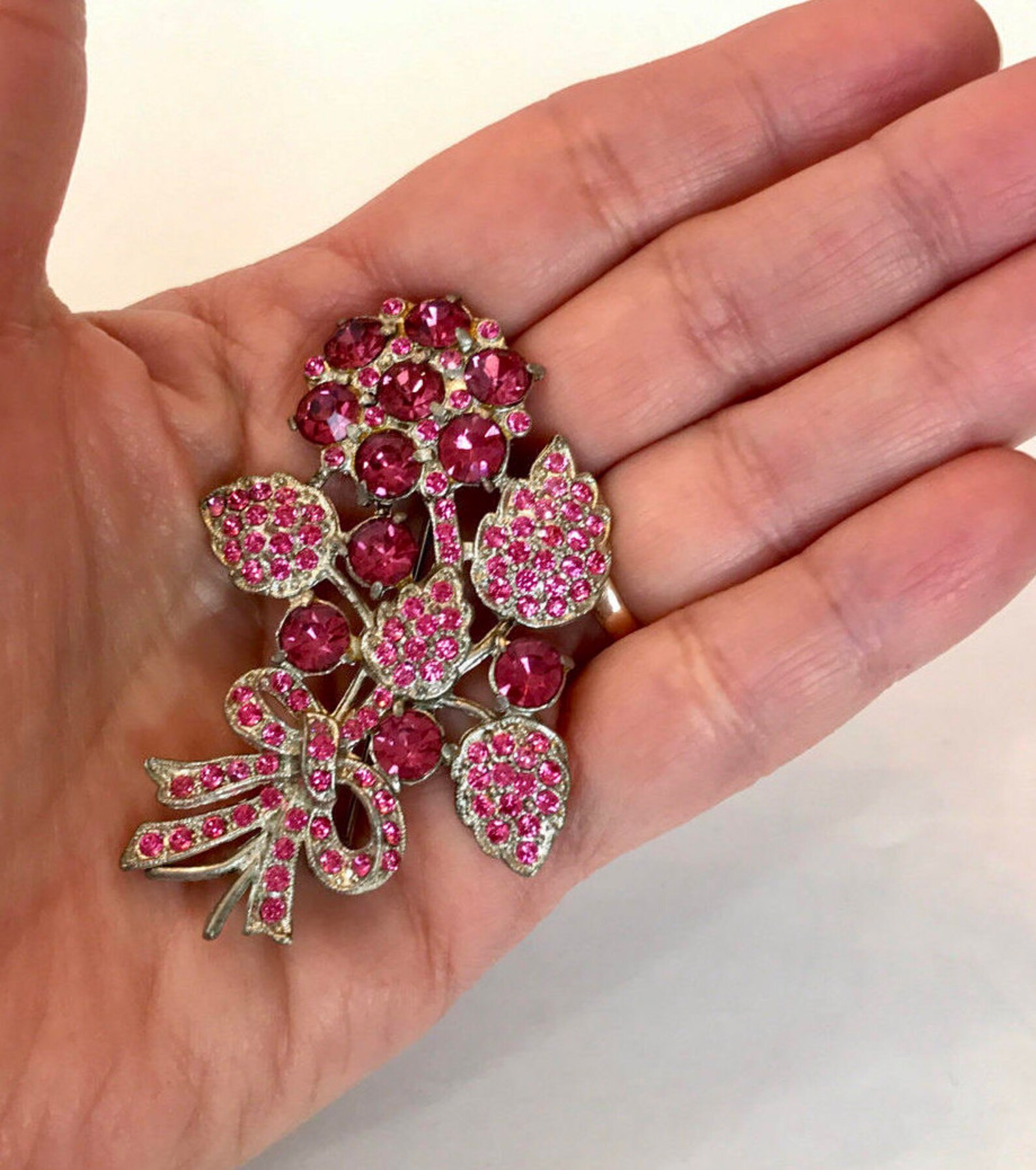 Vintage Pink Rhinestone Flower Brooch Pink Crystal Floral Etsy