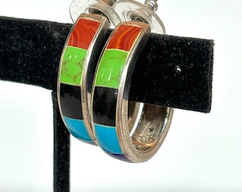 Vintage Turquoise Inlay Sterling Silver Hoop Earrings Colorful Multi Stone Boho Pierced Earrings 925 Mexican Southwestern Estate Jewelry