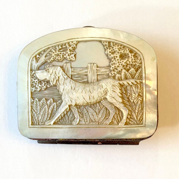 Antique Victorian Mother Of Pearl Coin Purse Vintage MOP Irish Setter Dog Hand Carved Shell Hunting Scene 1800s Estate Find 19th Century
