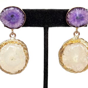 Vintage Druzy Quartz Dangle Earrings Long Geode Purple & White Gemstone Statement Earrings Estate Wedding Jewelry Gift for Her