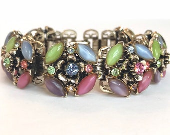 Vintage ANN VIEN Rhinestone Bracelet 8" Long 1950s Mid Century Colorful Pink Blue Green Purple Art Glass Bracelet Estate Jewelry Gift