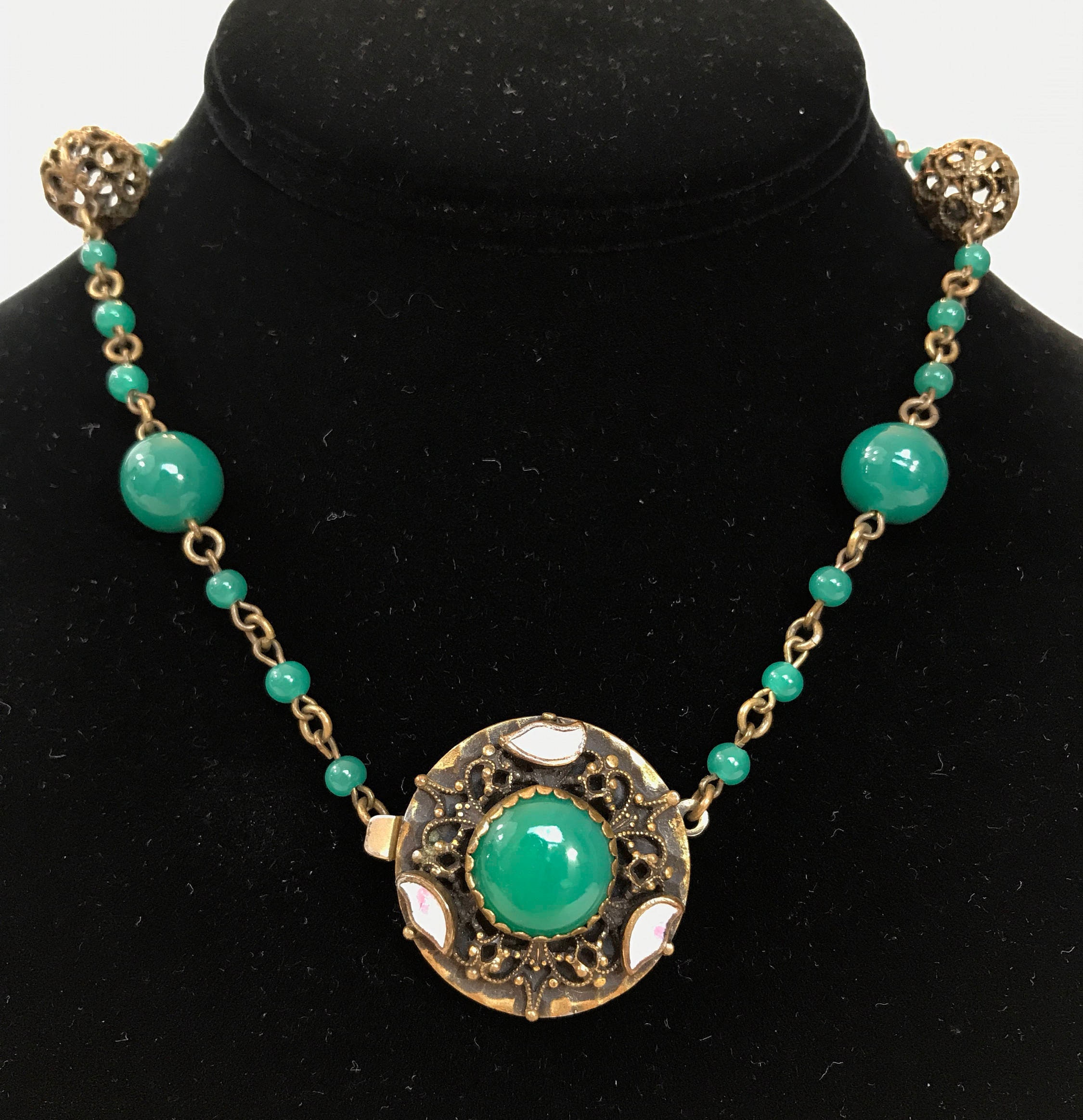 Vintage Czech Green Glass Enamel Necklace Art Deco Pink & | Etsy