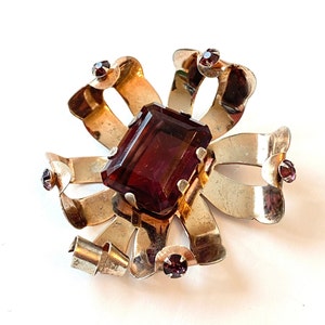 Vintage Sterling Silver Amethyst Glass Brooch Large Purple Stone Gold Vermeil Retro Pin Mid Century Antique Estate Jewelry Gift for Her