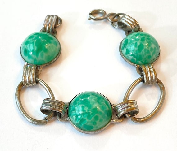 Vintage Art Deco Green Peking Glass Bracelet Czec… - image 1