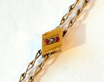 Vintage Slide Chain Necklace Antique Victorian Lorgnette Gold Filled Pearl & Red Stone Pocket Watch - Muff - Guard Chain Estate Jewelry Gift