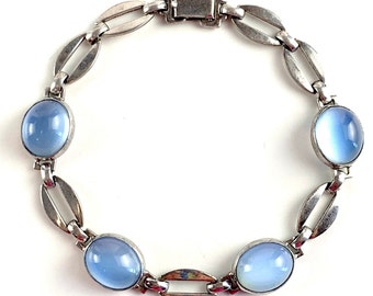Vintage Sterling Silver Blue Glass Bracelet 1940s Art Deco Wedding Bridal Bracelet Signed WRE 7.75" Long Antique Estate Jewelry Gift for Her