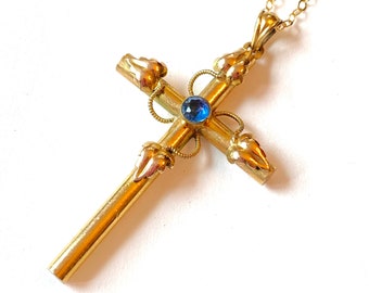 Victorian Gold Filled Cross Necklace Blue Sapphire Paste Edwardian GF Vines Antique Cross Pendant Vintage Estate Jewelry Religious Christian