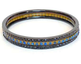 Vintage Celluloid Rhinestone Stacking Bracelet Set of 3 Art Deco Sparkle Bangle Stackable Blue Yellow Black 1920s Antique Estate Jewelry