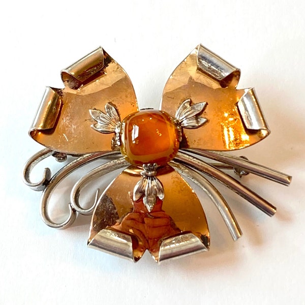 Vintage Sterling Silver Brooch KREISLER 1940s Orange Glass & Rose Gold Color Retro Mid Century Pin Antique Estate Jewelry Gift for Her