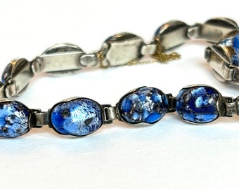 Antique Blue Art Glass Bracelet & Modernist Sterling Silver Chain Bracelet Art Deco Set of 2 for Repurpose Vintage Jewelry Making Parts