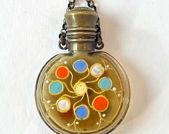 Antique Victorian Enamel Perfume Bottle Vintage Chatelaine Topaz Glass Perfume Scent Gold Chain