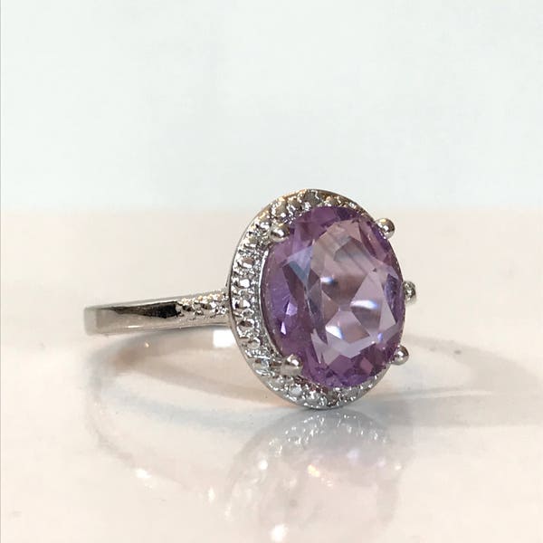 Natural Amethyst & Diamond Ring 2 CT Purple Gemstone Ring Estate Jewelry February Birthstone Ring Size 7.5 Anniversary Gift for Her Birthday