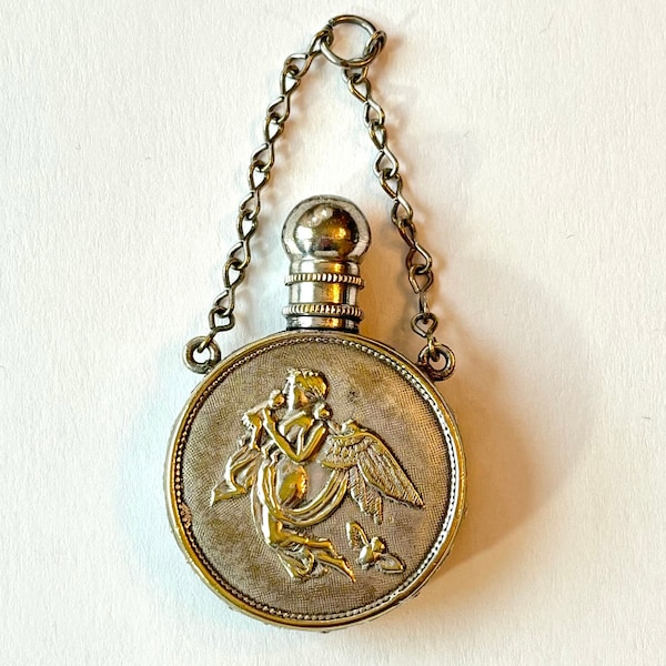 Antique Angel Silver Plate Perfume Bottle Victorian SP Chatelaine Scent Perfume C 1900 for Purse Vintage Vanity Romantic Gift for Her