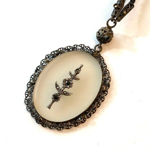 Antique Camphor Glass Silver Filigree Necklace Vintage Marcasite Frosted Stone Pendant Necklace Art Deco Estate Jewelry 1910-1920