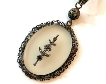 Antique Camphor Glass Silver Filigree Necklace Vintage Marcasite Frosted Stone Pendant Necklace Art Deco Estate Jewelry 1910-1920