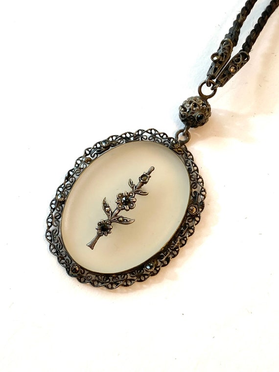 Antique Camphor Glass Silver Filigree Necklace Vi… - image 1