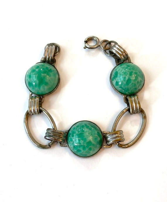 Vintage Art Deco Green Peking Glass Bracelet Czec… - image 6