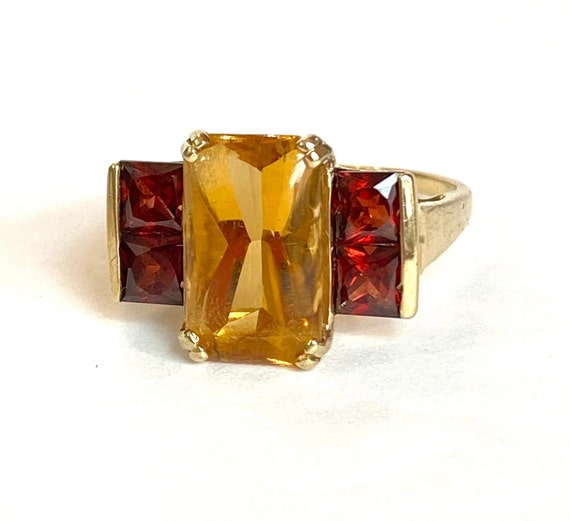 Vintage Citrine Garnet 10 K Yellow Gold Ring Retr… - image 2