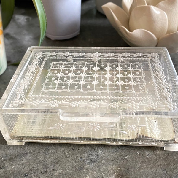 Vintage Art Deco Lucite Jewelry Box Etched Flowers Antique 1920 Mirror Dresser Vanity Trinket Ring Box Hinged Lid 4 Legs Estate Gift for Her