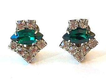 Vintage Green & Clear Rhinestone Earrings Silver Rhodium Clip On 1950s 1960s Wedding Bridal Earrings Antique Estate Jewelry Gift for Her