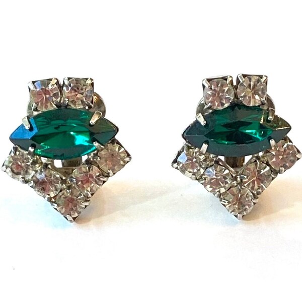 Vintage Green & Clear Rhinestone Earrings Silver Rhodium Clip On 1950s 1960s Wedding Bridal Earrings Antique Estate Jewelry Gift for Her