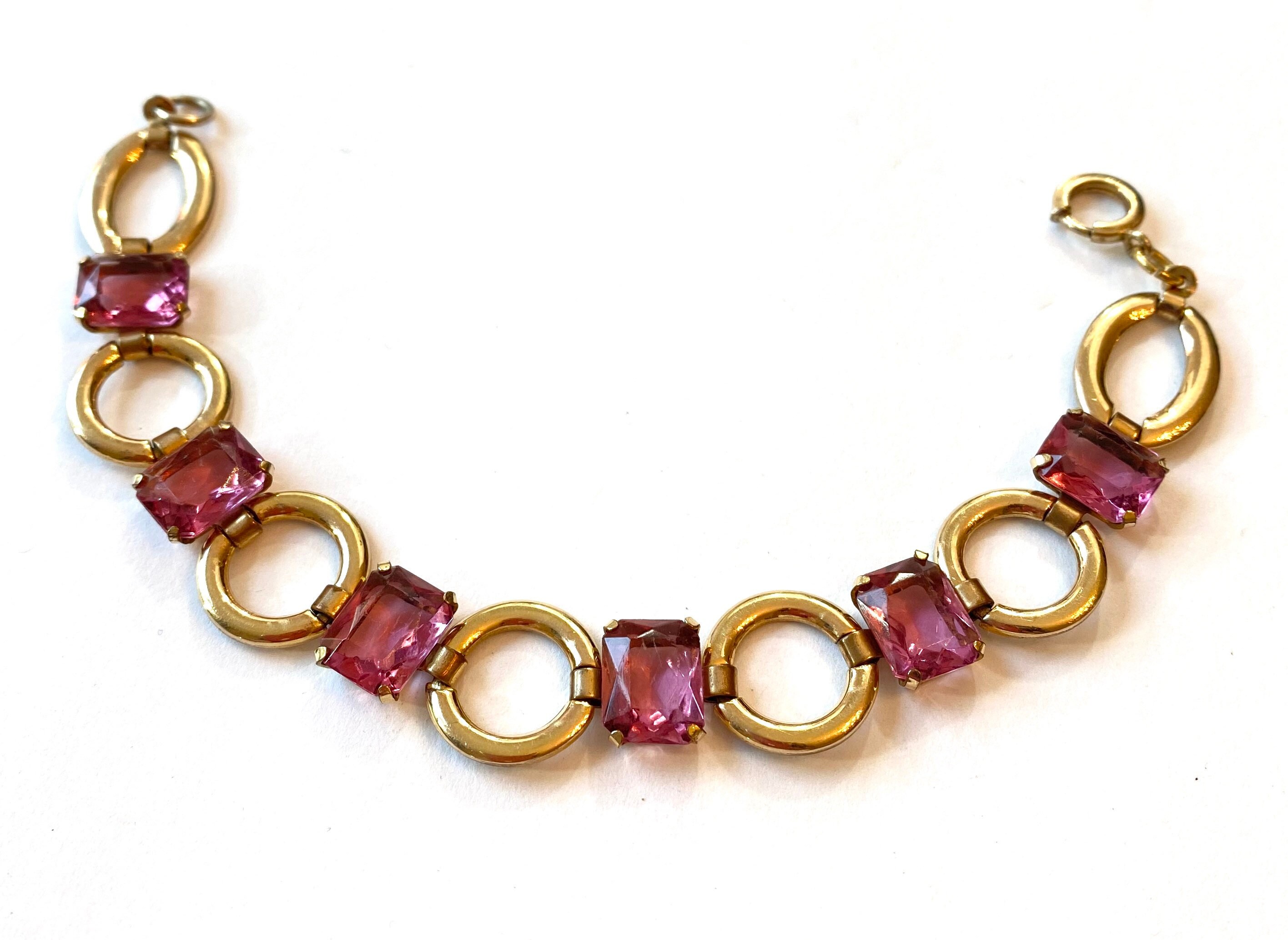 Vintage 12K Gold Filled Bracelet Art Deco Pink Faceted Glass | Etsy