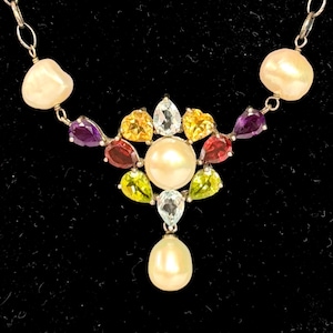 Vintage Multi Gemstone Sterling Silver Necklace Garnet Amethyst Citrine Peridot Aqua Marine & Pearl Drop Pendant 925 Antique Estate Jewelry