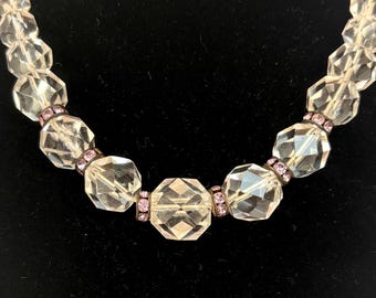 Collier vintage avec perles en cristal transparent, entretoises en strass roses, bijoux de mariage antiques