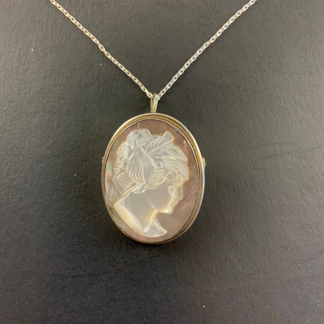Vintage Carved Mother of Pearl Cameo Pendant Necklace & Brooch Etsy