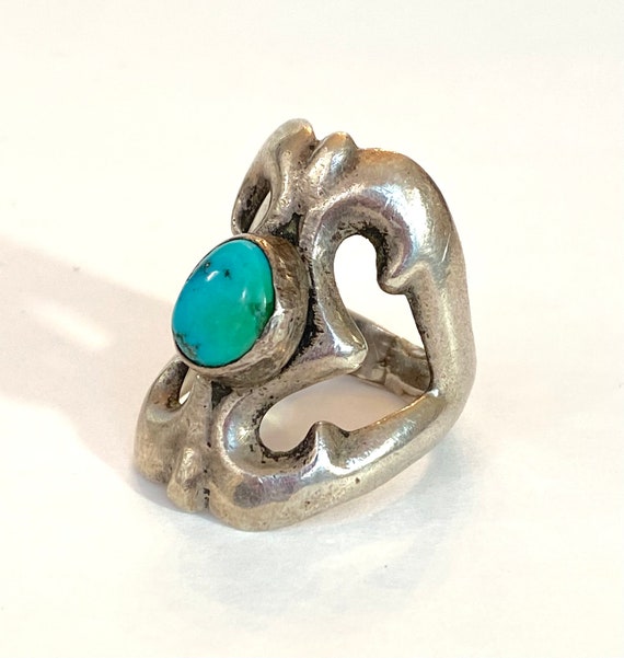 Vintage NAVAJO Turquoise Ring Sand Cast Sterling … - image 5