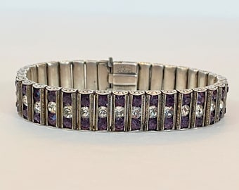 Vintage Sterling Silver Rhinestone Bracelet Art Deco Purple Clear Stone L & M Leach Miller Channel Set 1920s Bracelet Antique Estate Jewelry