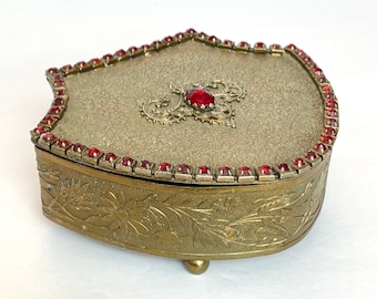 Antique Jeweled Jewelry Box Victorian Casket Gold Gilt Brass Jewels Rhinestones Dresser Trinket Vanity Box Red Stones Vintage Estate Piece
