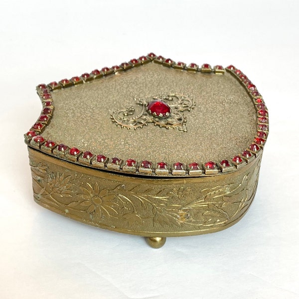 Antique Jeweled Jewelry Box Victorian Casket Gold Gilt Brass Jewels Rhinestones Dresser Trinket Vanity Box Red Stones Vintage Estate Piece