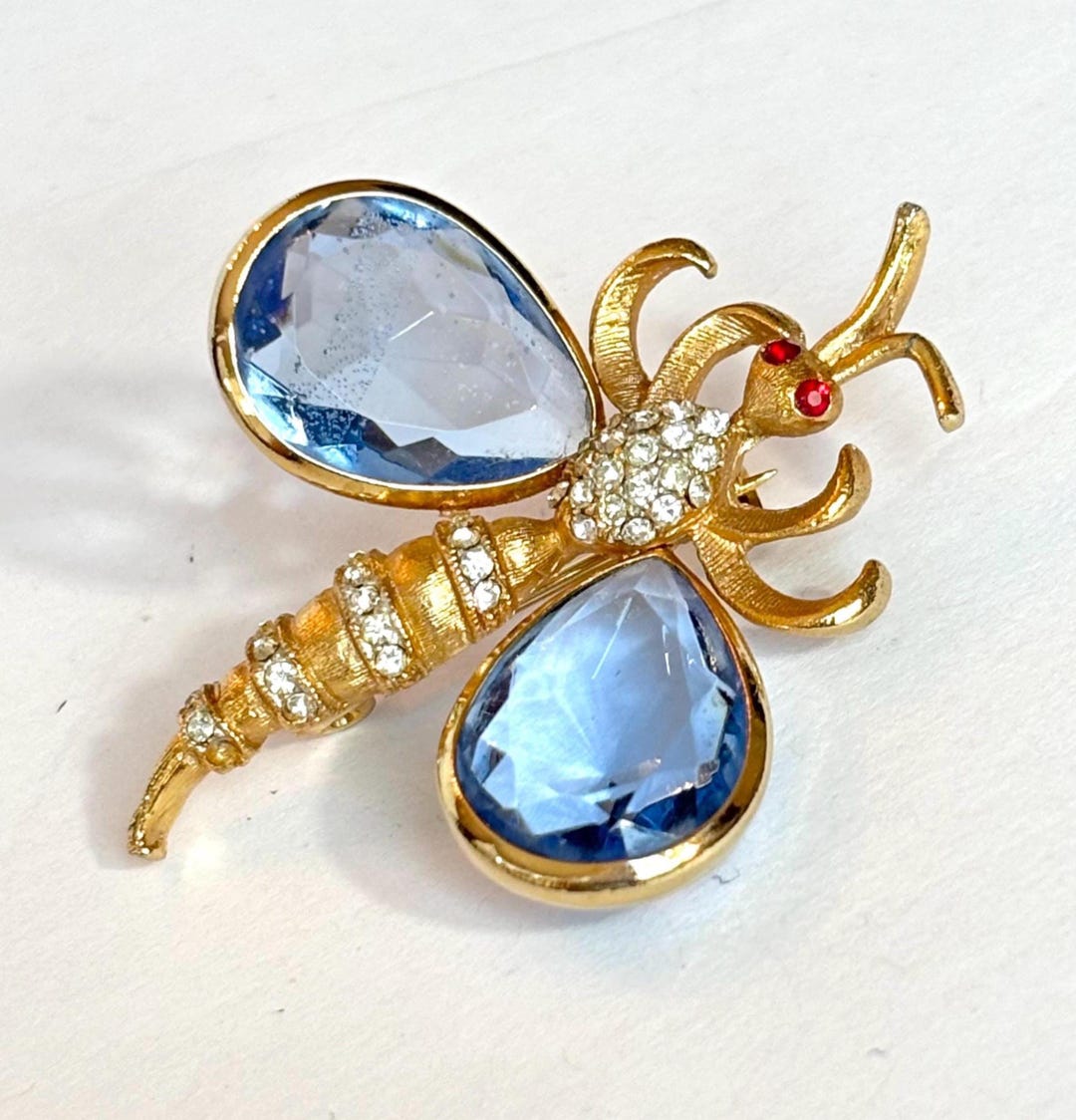 Vintage CAPRI Dragonfly Brooch Mid Century Blue Crystal Rhinestone Bug ...