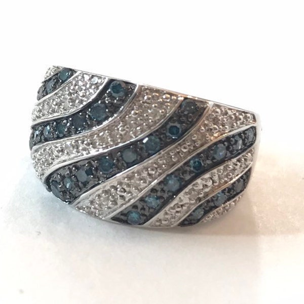 Blue & White Diamond Ring 1/2 Carat Diamond Sterling Silver Band .50 CT Ring Size 7 Estate Jewelry Anniversary or Birthday Gift for Her