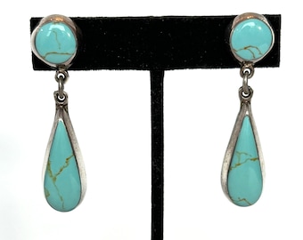 Vintage Sterling Silver Turquoise Dangle Earrings Southwestern Blue Stone 925 Drop Boho Earrings Antique Estate Jewelry Gift for Her