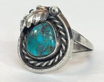 Vintage Navajo Turquoise Sterling Silver Ring Native American Feather Blue Stone Antique Estate Jewelry