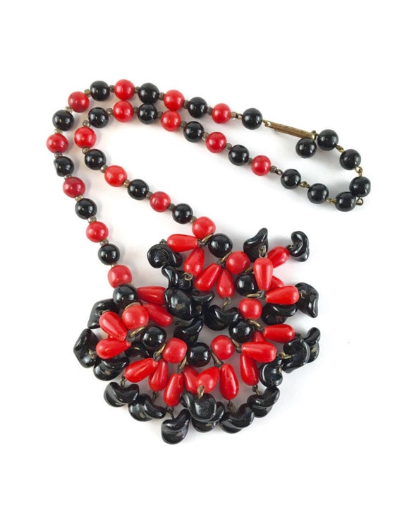 Vintage Art Deco Necklace Red & Black Art Glass F… - image 8