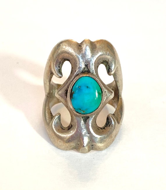 Vintage NAVAJO Turquoise Ring Sand Cast Sterling … - image 4