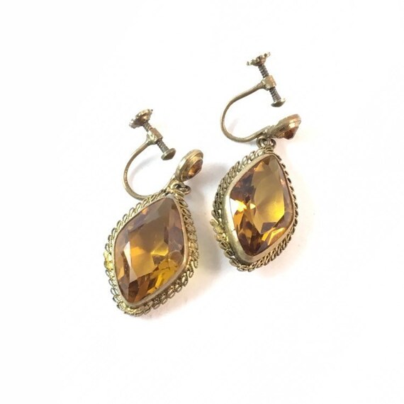 Vintage Czech Topaz Glass Dangle Earrings Art Deco