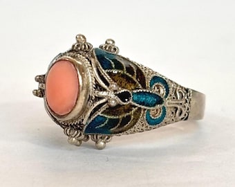 Vintage Coral Chinese Export Ring Sterling Silver Filigree Enamel Butterfly Band Antique Estate Jewelry