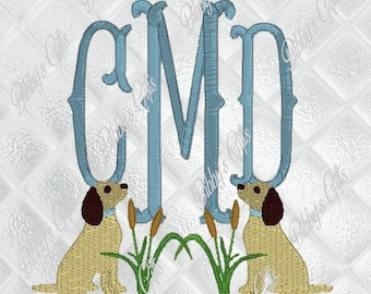 Dog Cattails Monogram Frame-Embroidery Design-Machine Embroidery-Digital Download-Embroidery File-Animal-Hunting-Boys-Burp Cloth-Border
