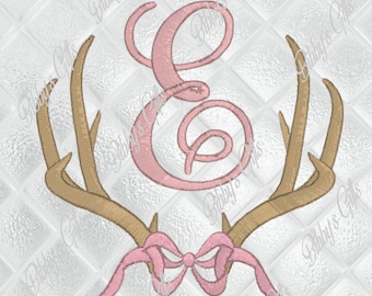Deer Antler and Bow Monogram Frame-Embroidery Design-Machine Embroidery-Digital Download-Animal-Hunting-Burp Cloth-Baby-Girls-Ribbon-Glam