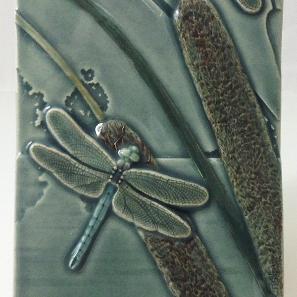 Ceramic art tile, wall art, dragonfly, Courtship, two dragonflies tile, 4 x 8 inches
