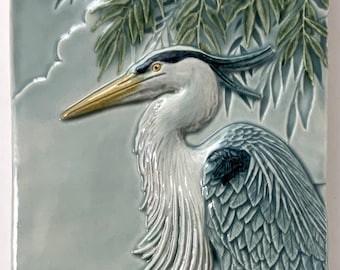 Great Blue Heron, Heron, ceramic tile, relief sculpture, tile, plaque 4 x 8 inches